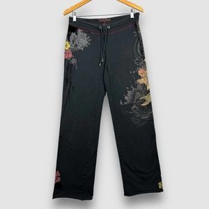 Y2K Lucky Brand Womens Small Black Koi Fish Waves Drawstring Sweatpants